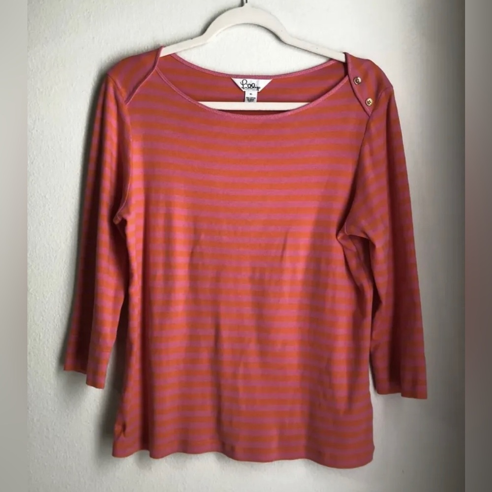 Vintage Lilly Pulitzer Women XL 100% Cotton 3/4 Sleeve Striped Boat Neck Top